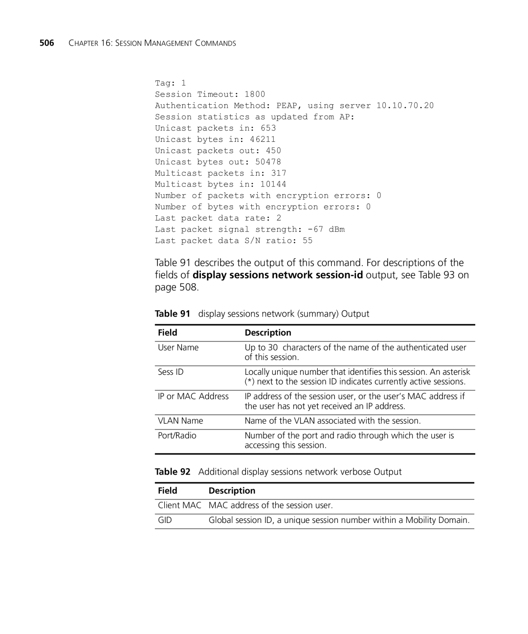 HP Manager Software manual Display sessions network summary Output, Additional display sessions network verbose Output 