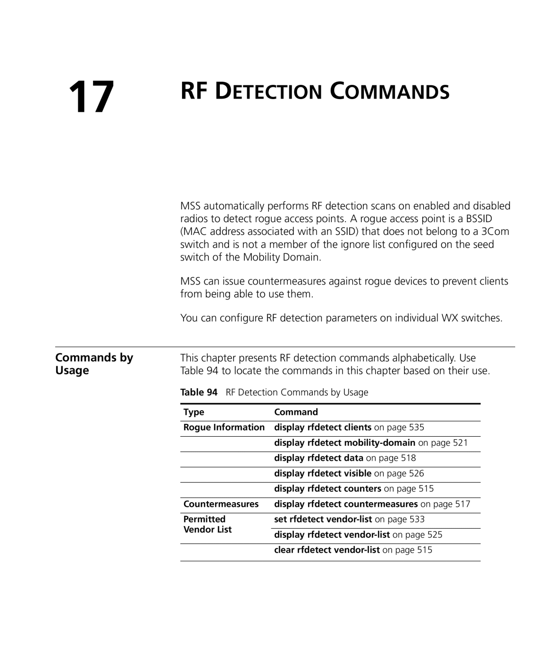 HP Manager Software manual To locate the commands in this chapter based on their use, RF Detection Commands by Usage 