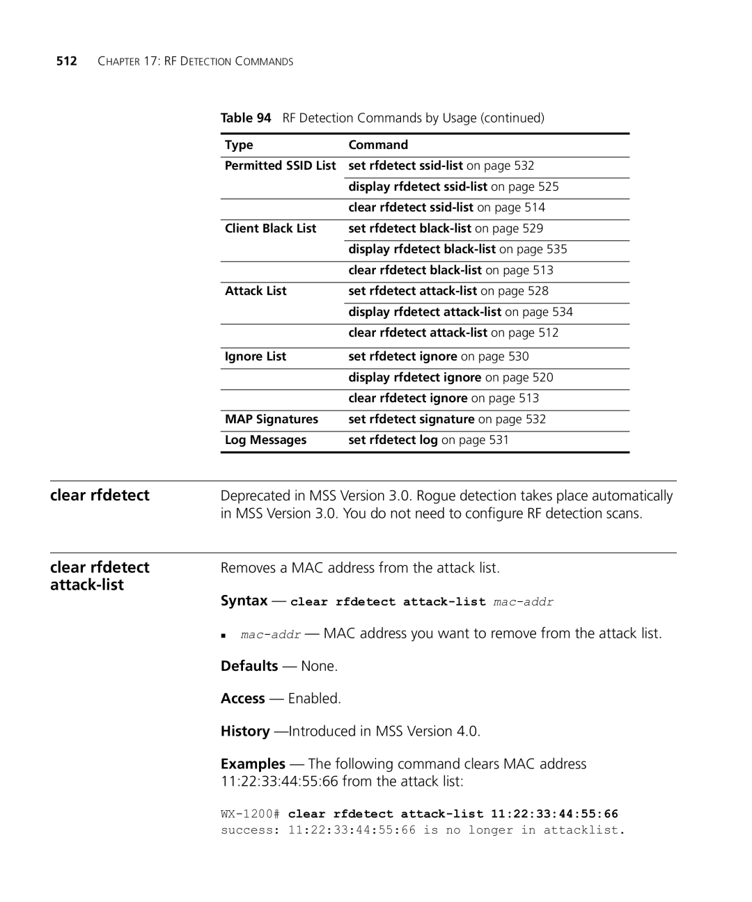 HP Manager Software manual Clear rfdetect, Attack-list, Removes a MAC address from the attack list, From the attack list 