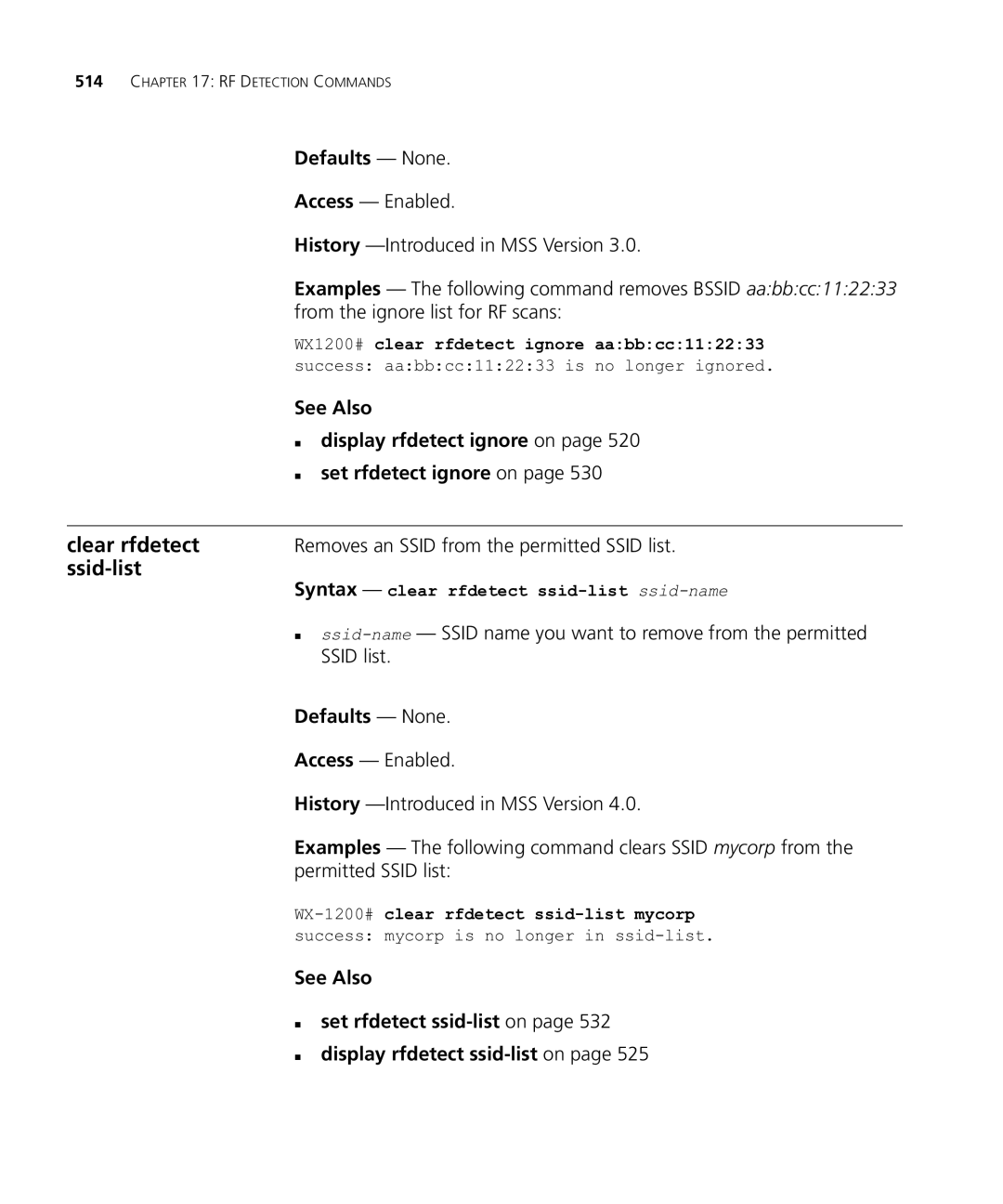 HP Manager Software manual Ssid-list, „ display rfdetect ignore on, „ set rfdetect ignore on, „ set rfdetect ssid-liston 