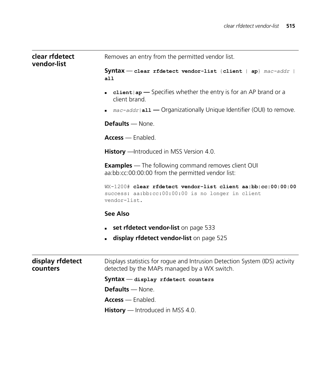 HP Manager Software manual Vendor-list, Display rfdetect, „ set rfdetect vendor-liston, „ display rfdetect vendor-liston 