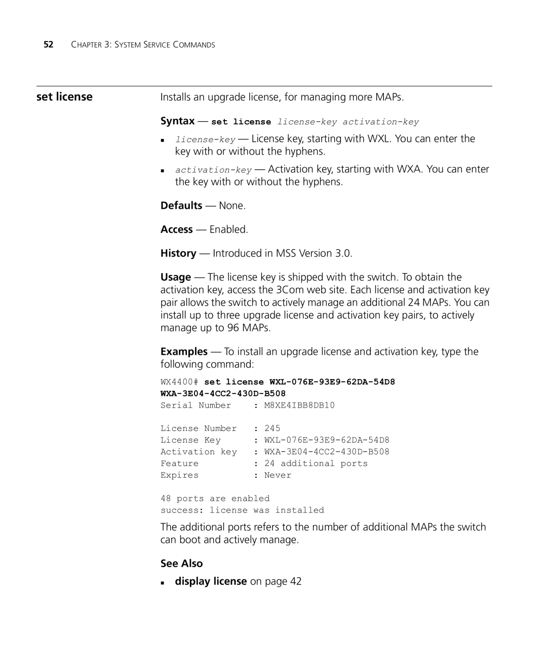 HP Manager Software manual Set license, See Also „ display license on, Installs an upgrade license, for managing more MAPs 