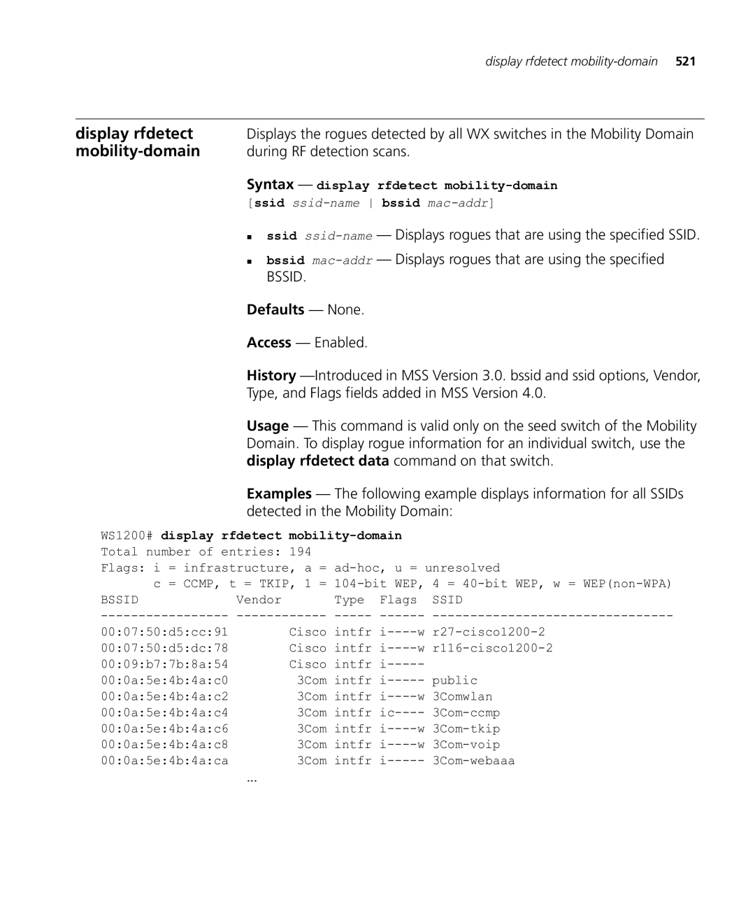 HP Manager Software manual During RF detection scans, Bssid mac-addr Displays rogues that are using the specified 