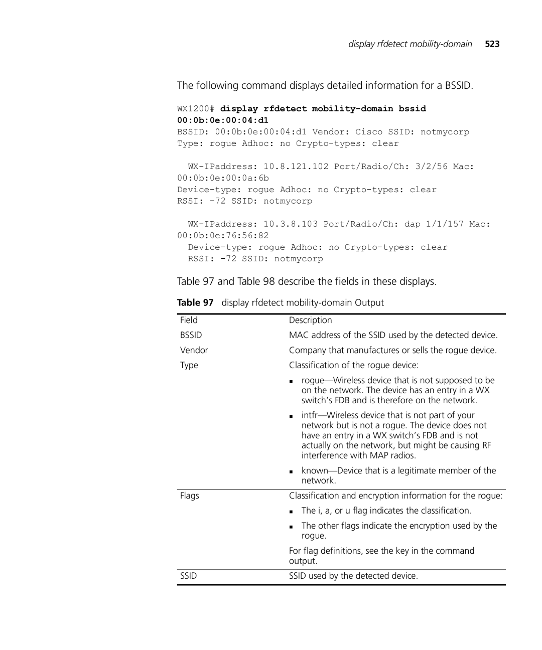 HP Manager Software Following command displays detailed information for a Bssid, Display rfdetect mobility-domain Output 