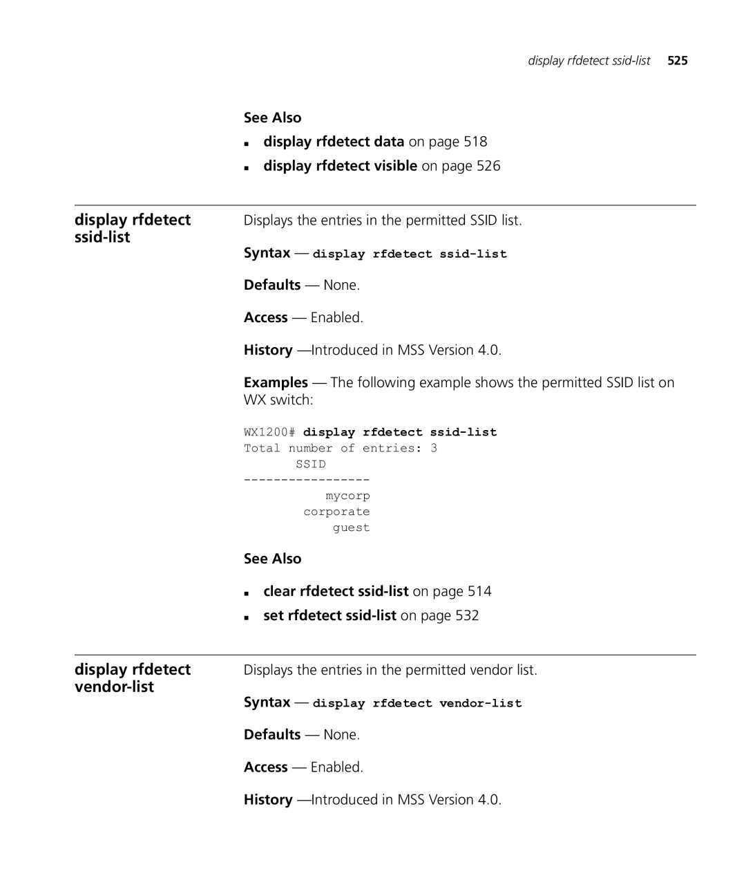 HP Manager Software manual „ display rfdetect data on, Displays the entries in the permitted Ssid list, WX switch 