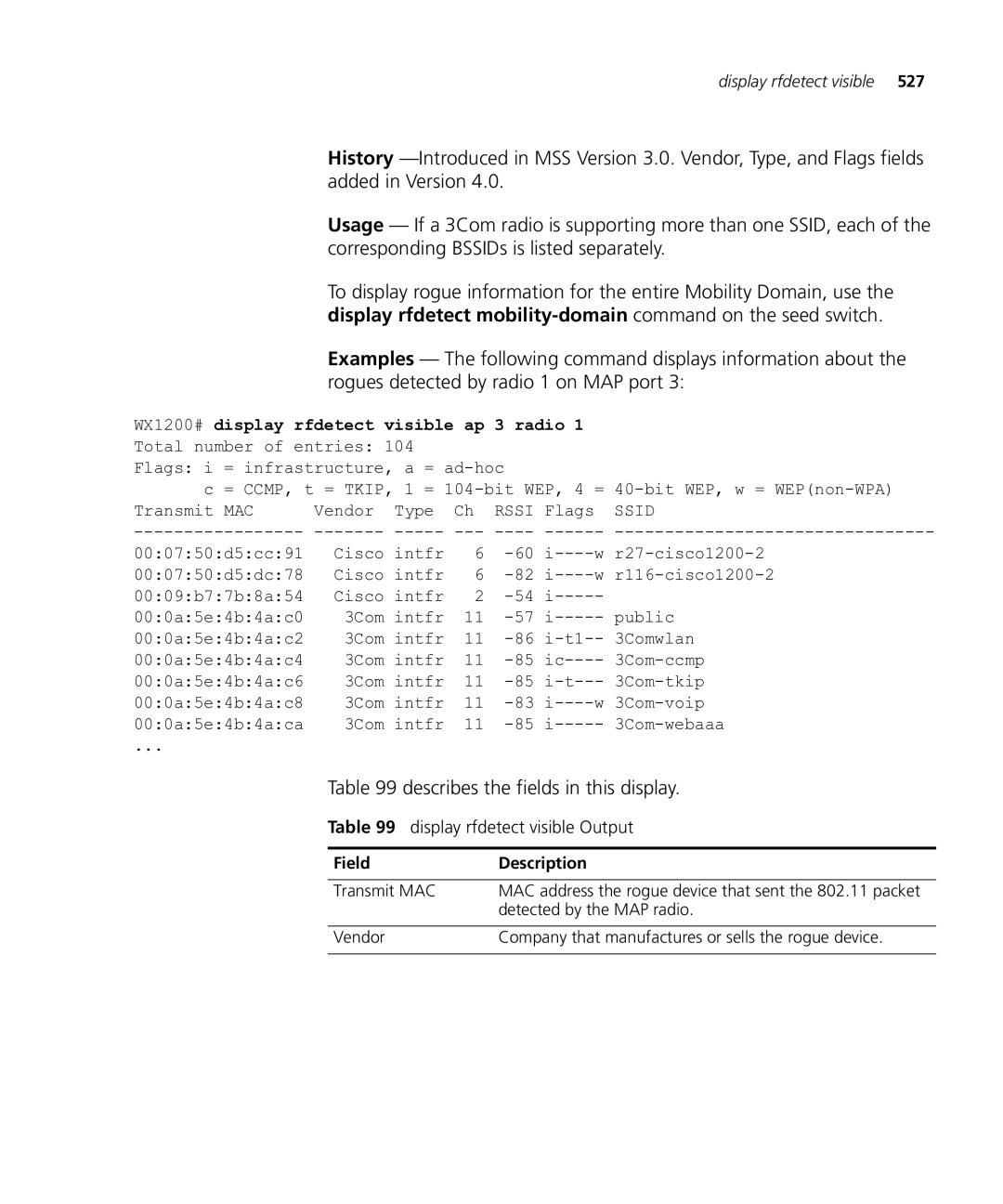 HP Manager Software manual Display rfdetect visible Output, WX1200# display rfdetect visible Radio 