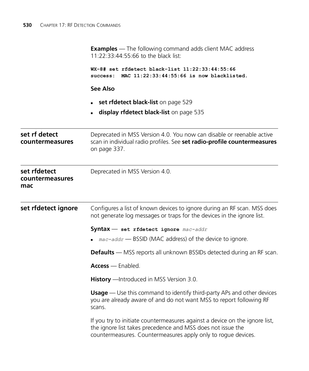 HP Manager Software manual Set rf detect, Countermeasures Mac Set rfdetect ignore 