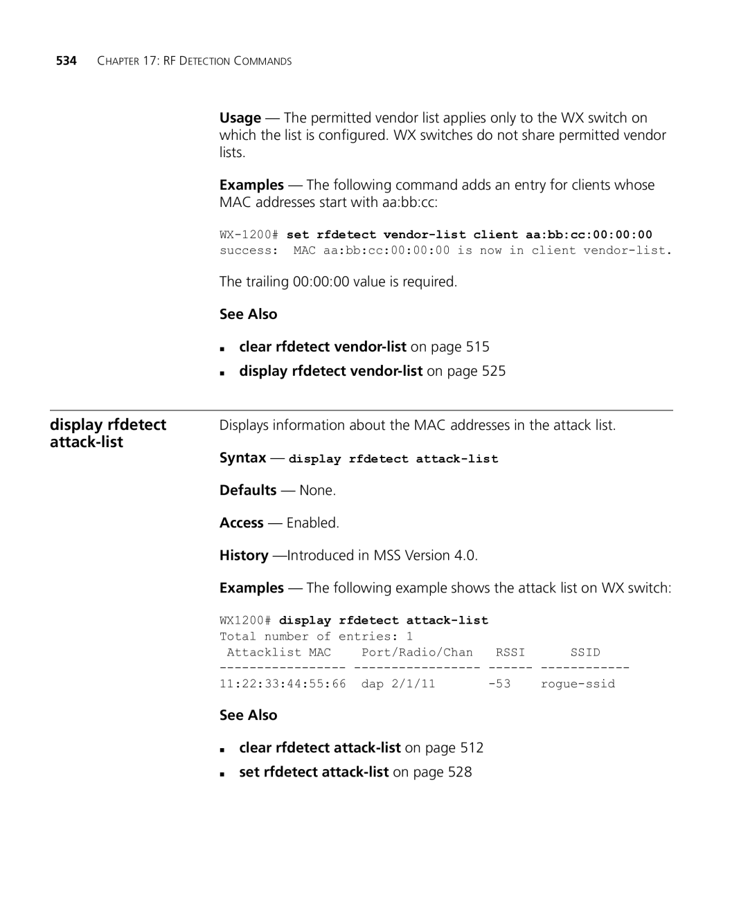 HP Manager Software manual Trailing 000000 value is required, Syntax display rfdetect attack-list 