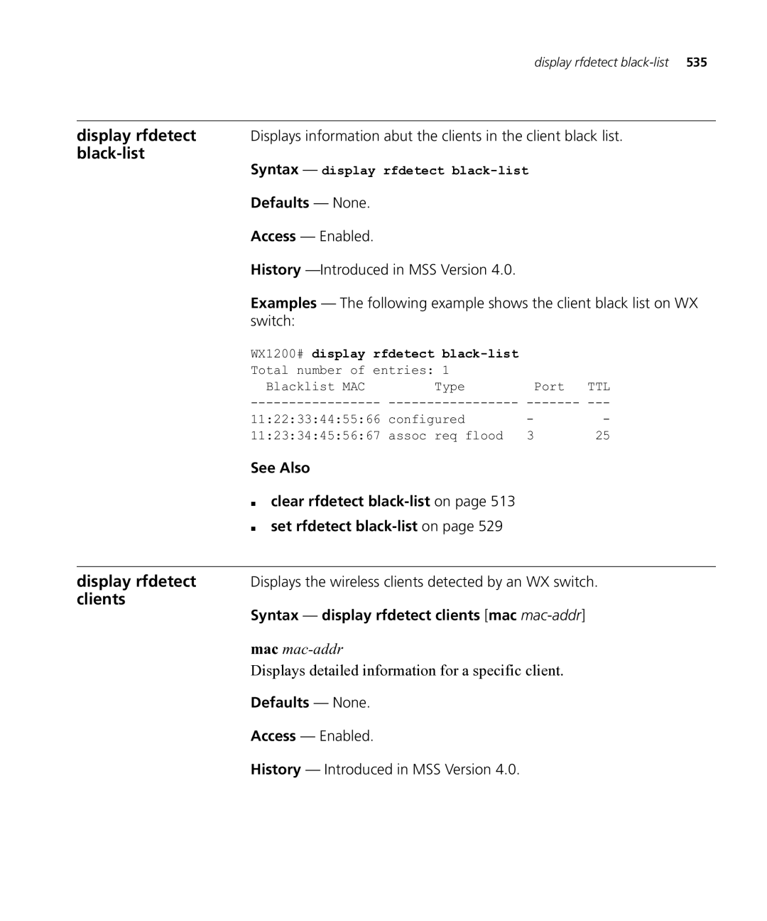 HP Manager Software Clients, Displays the wireless clients detected by an WX switch, Syntax display rfdetect black-list 