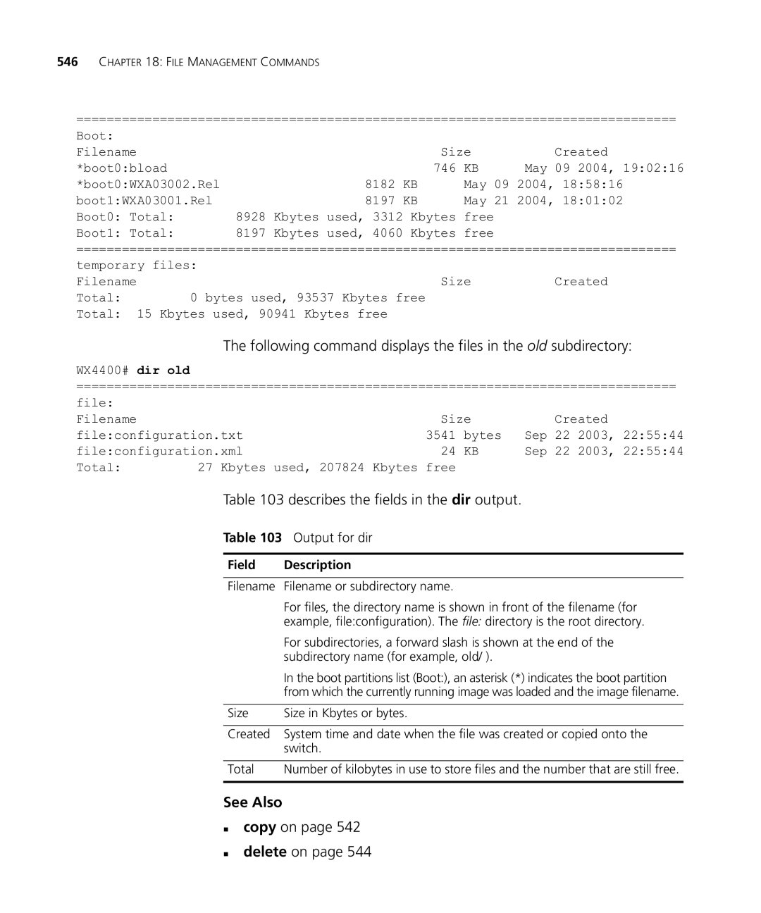 HP Manager Software manual Describes the fields in the dir output, „ copy on „ delete on, Output for dir 