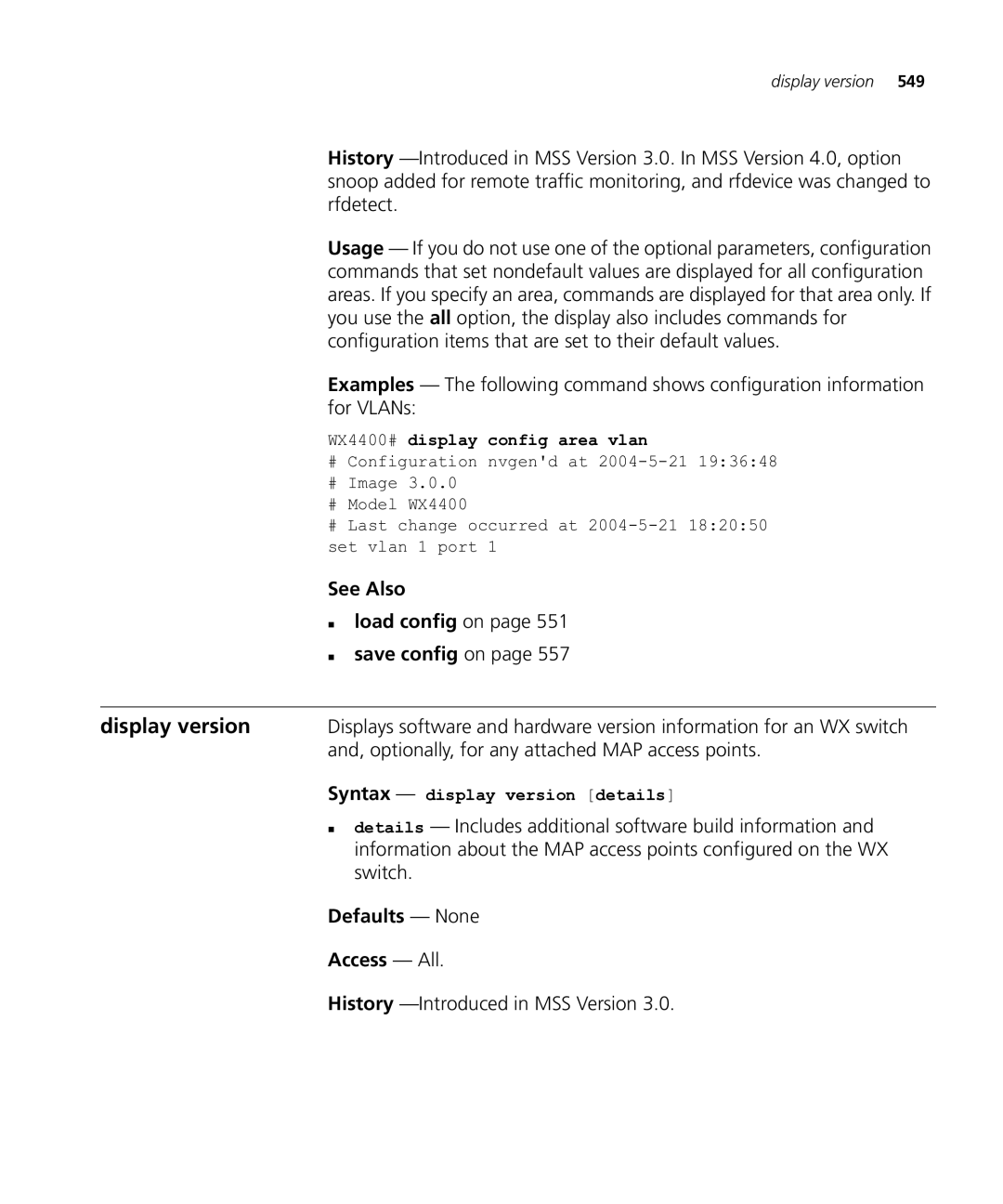 HP Manager Software manual Display version, See Also „ load config on „ save config on, WX4400# display config area vlan 