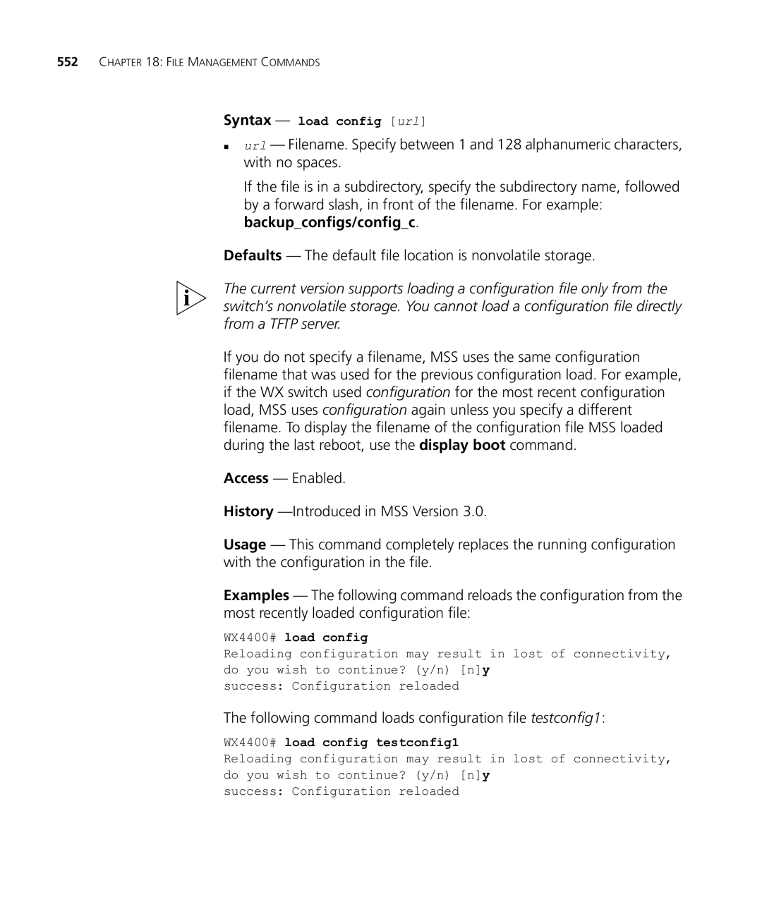 HP Manager Software Following command loads configuration file testconfig1, Syntax load config url, WX4400# load config 