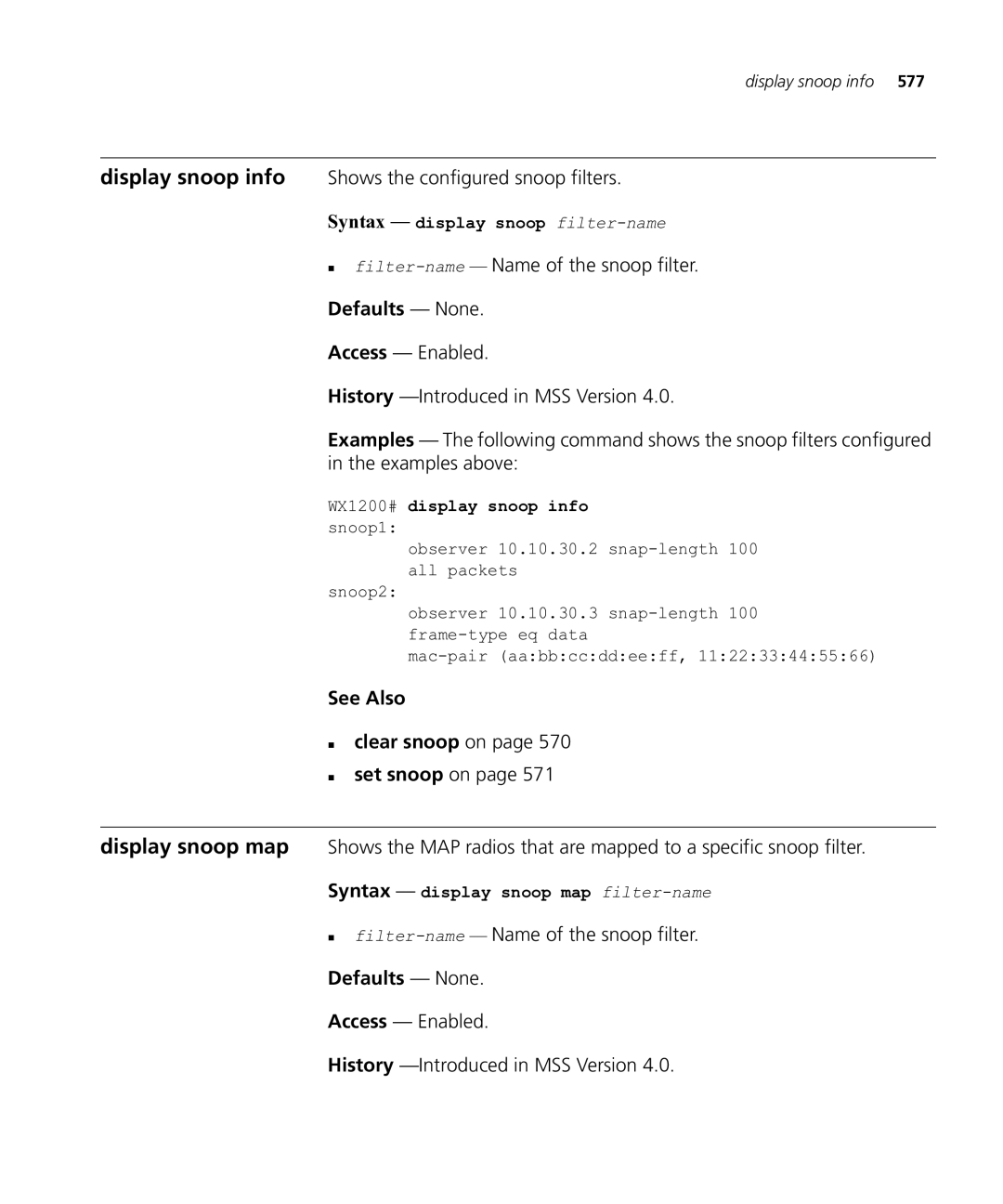 HP Manager Software manual Display snoop info Shows the configured snoop filters, See Also „ clear snoop on 