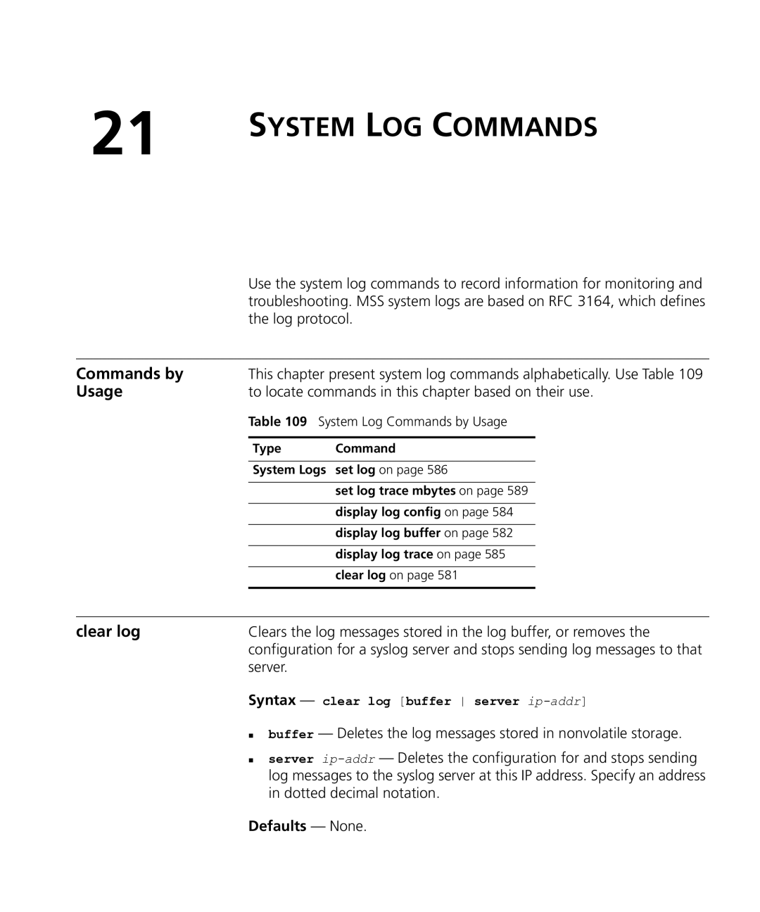 HP Manager Software manual Clear log, Syntax clear log buffer server ip-addr 