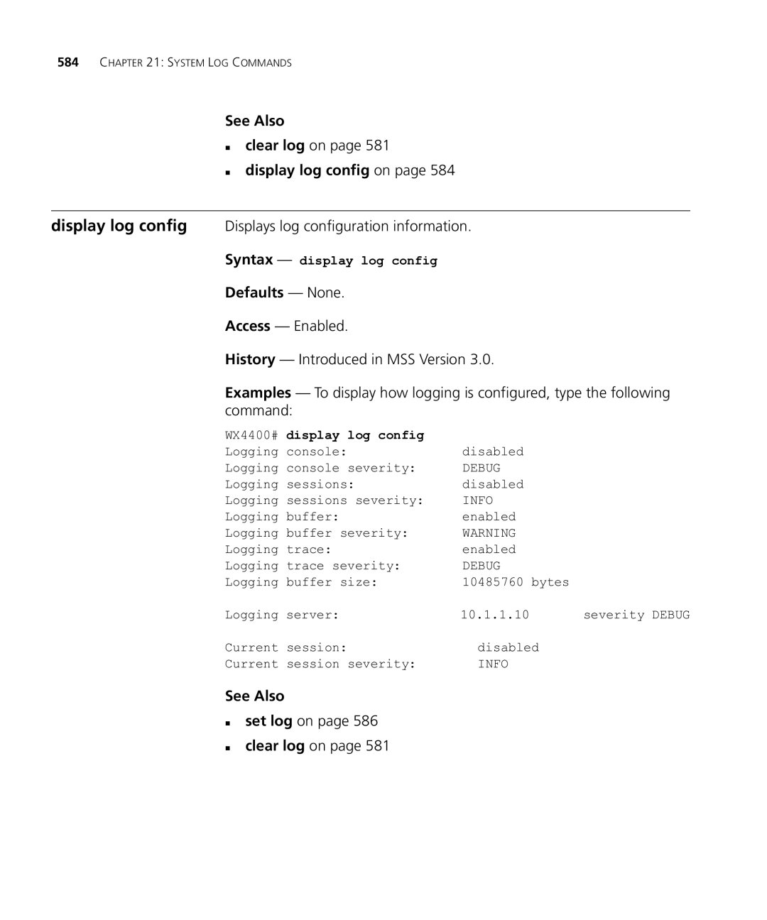 HP Manager Software manual „ display log config on, „ set log on „ clear log on, Log config 