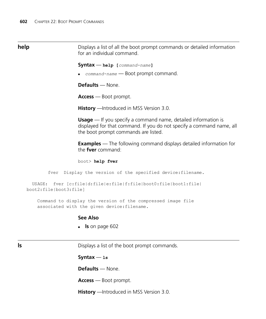 HP Manager Software manual For an individual command, „ command-name- Boot prompt command, „ ls on, Syntax ls 