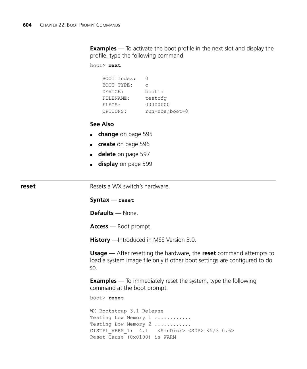 HP Manager Software manual „ change on, Resets a WX switch’s hardware, Syntax reset, Command at the boot prompt 