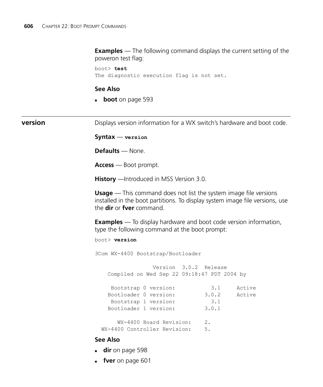 HP Manager Software manual Version, Syntax version, Dir or fver command, Type the following command at the boot prompt 