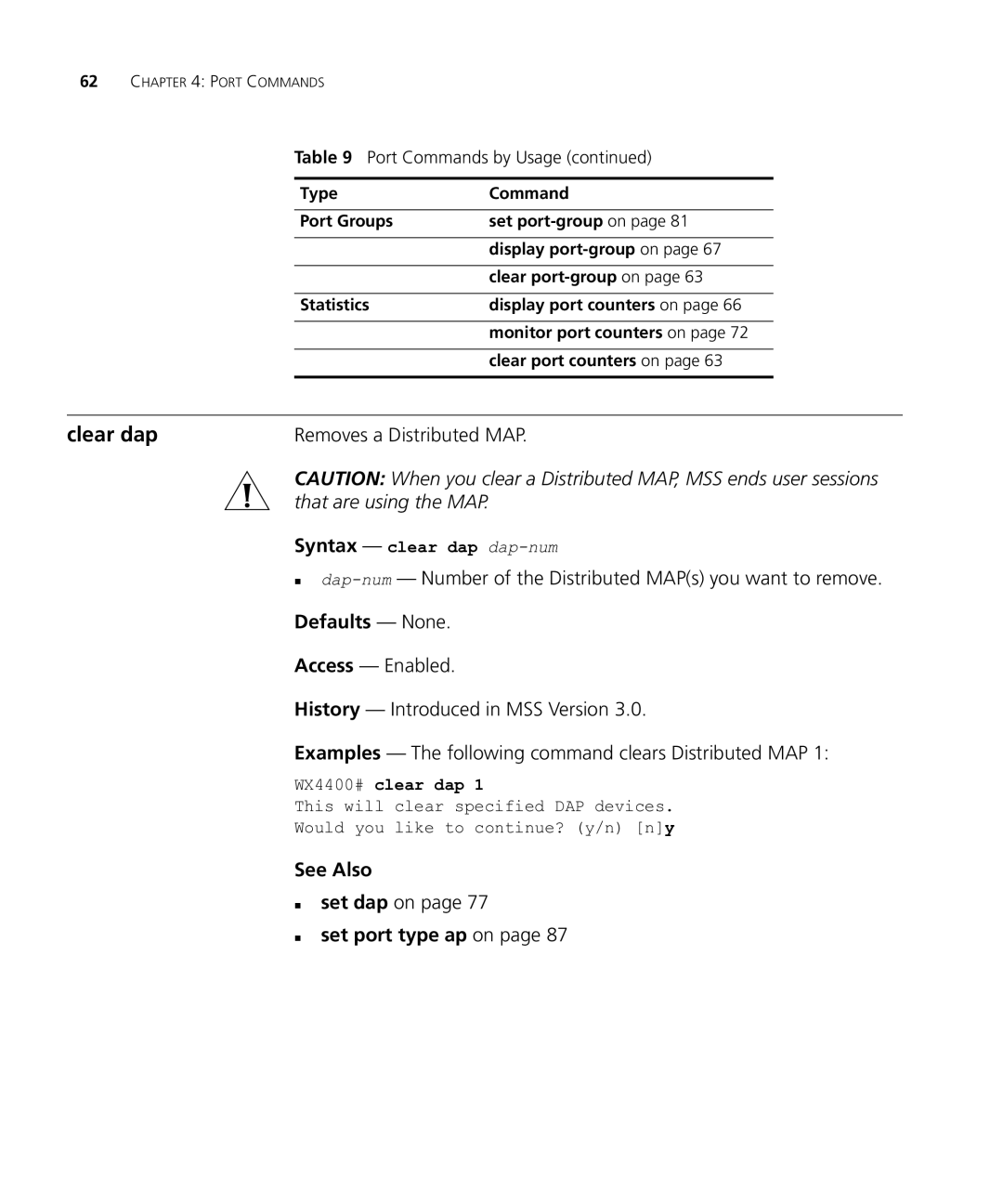 HP Manager Software Clear dap, Removes a Distributed MAP, That are using the MAP, „ set dap on, „ set port type ap on 