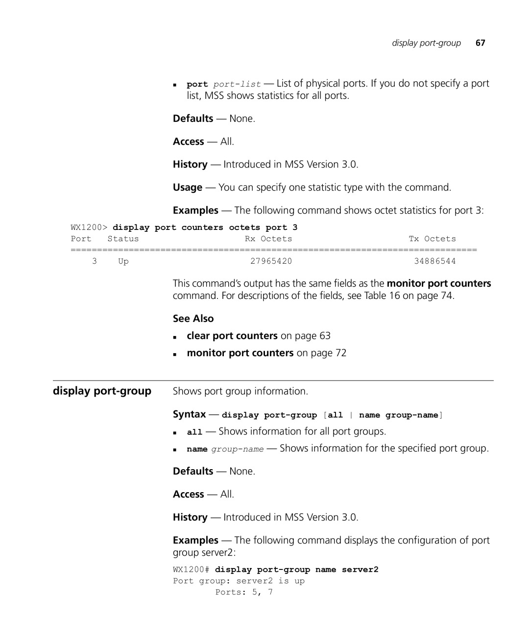 HP Manager Software manual Display port-groupShows port group information, WX1200 display port counters octets port 