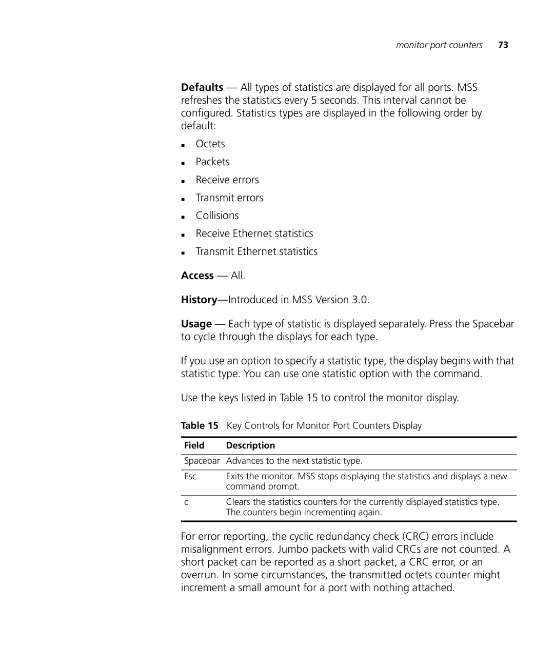 HP Manager Software manual Access All, Key Controls for Monitor Port Counters Display 