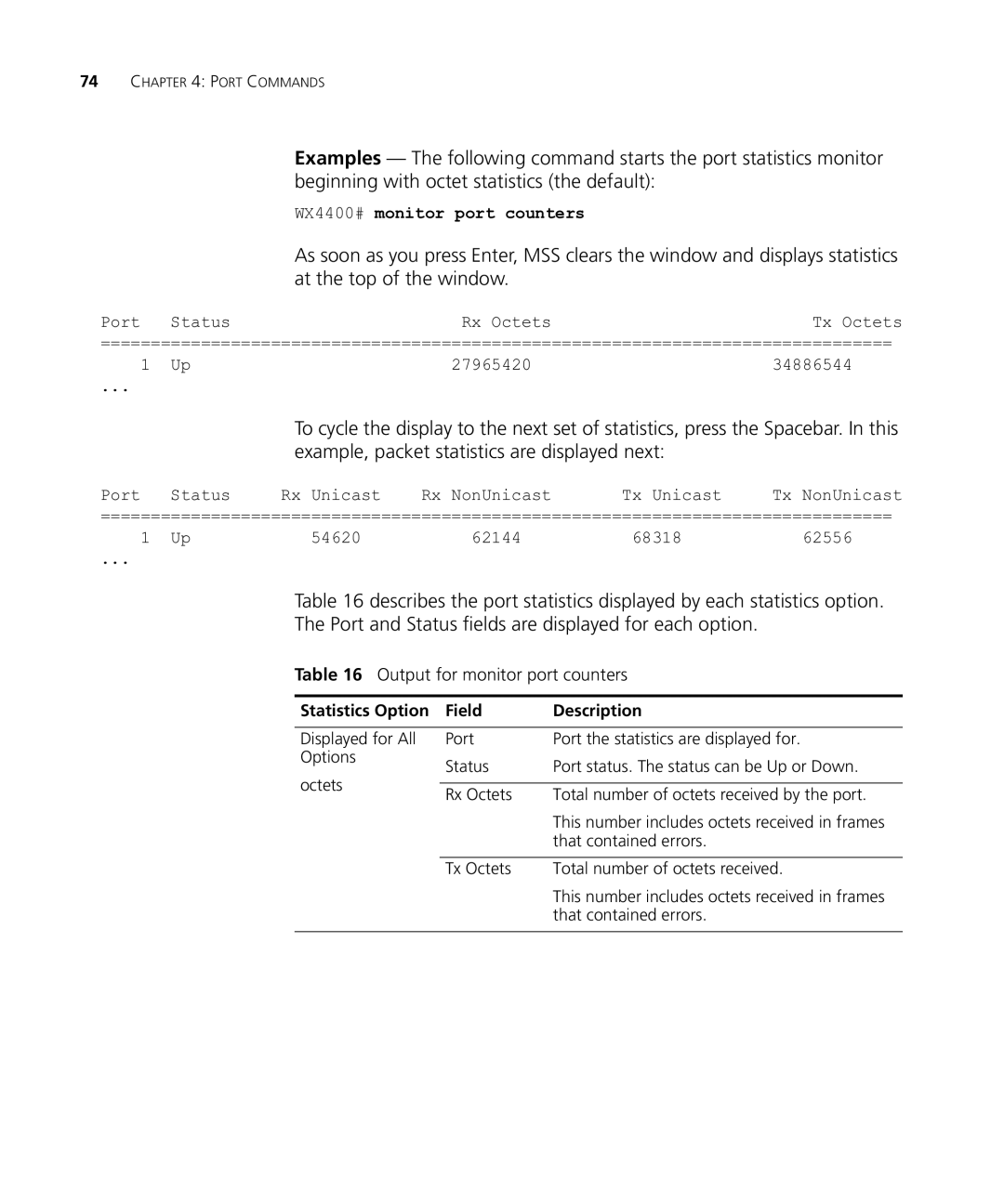 HP Manager Software manual Output for monitor port counters, WX4400# monitor port counters 