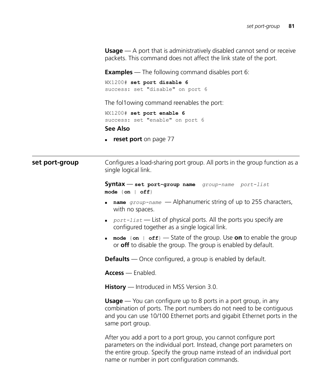 HP Manager Software manual See Also „ reset port on, Single logical link, With no spaces 