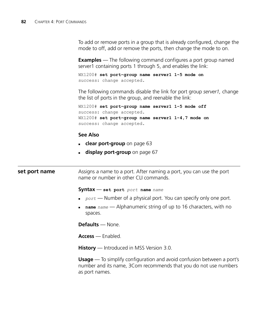 HP Manager Software Set port name, See Also „ clear port-groupon „ display port-groupon, Syntax set port port name name 