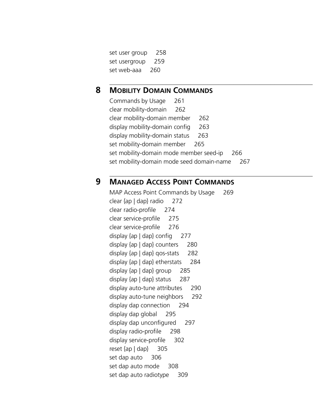 HP Manager Software Set user group 258 Set usergroup 259 Set web-aaa 260, 267, MAP Access Point Commands by Usage, 277 