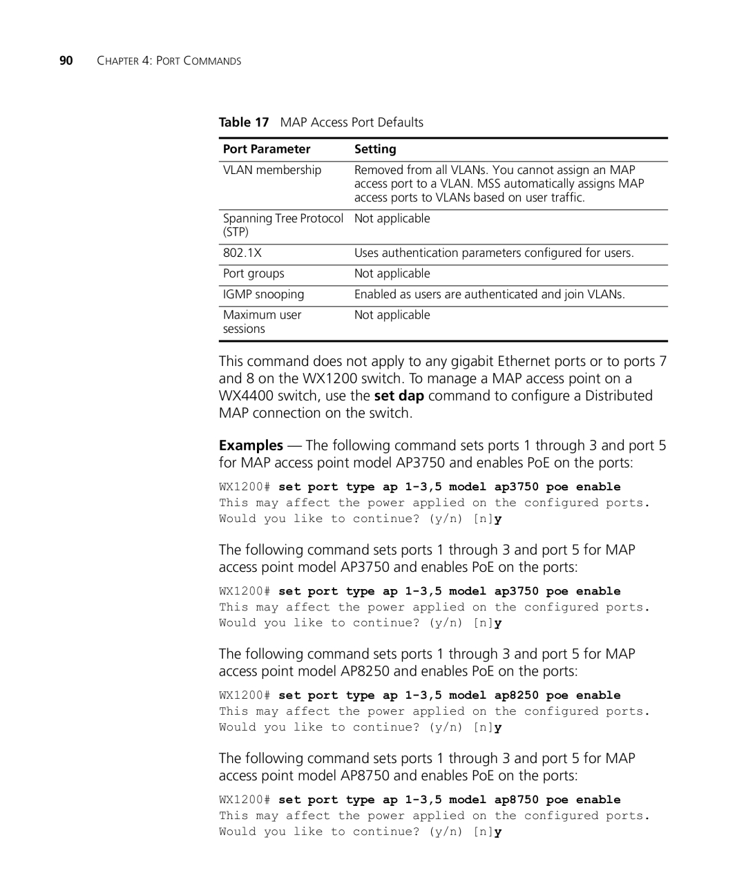 HP Manager Software manual MAP Access Port Defaults, WX1200# set port type ap 1-3,5 model ap3750 poe enable 