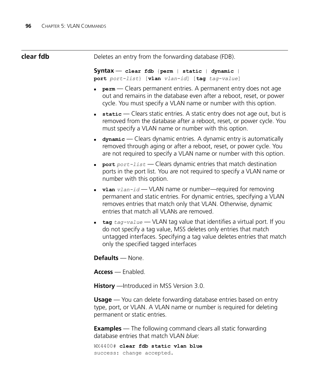 HP Manager Software Clear fdb, Deletes an entry from the forwarding database FDB, Syntax clear fdb perm static dynamic 