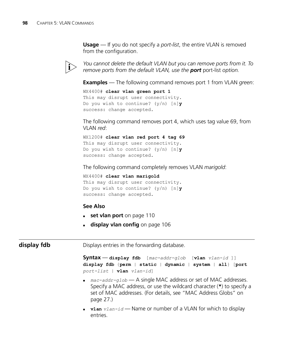 HP Manager Software manual Display fdb, Following command completely removes Vlan marigold 