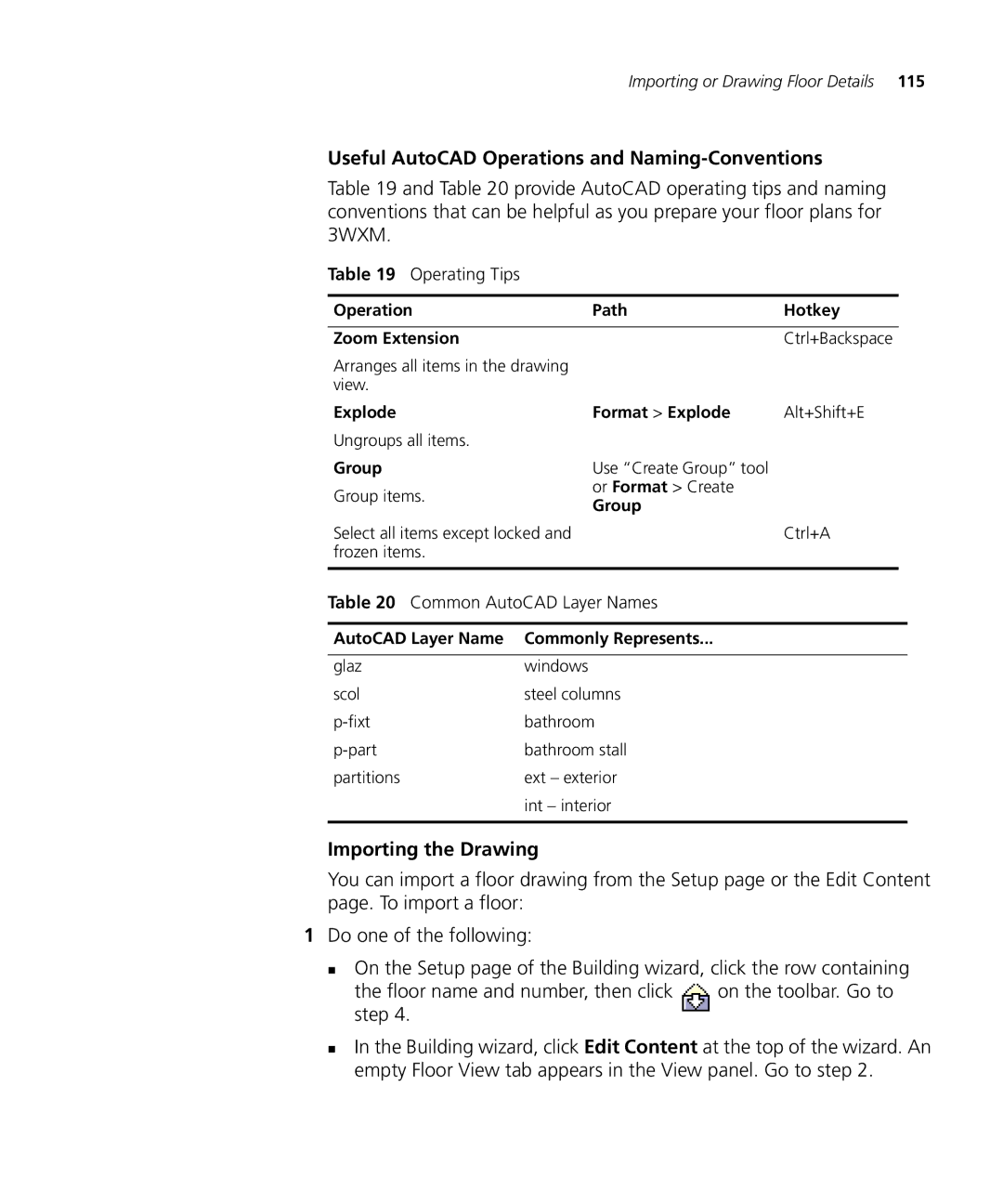 HP Manager Software manual Useful AutoCAD Operations and Naming-Conventions, Importing the Drawing, Operating Tips 