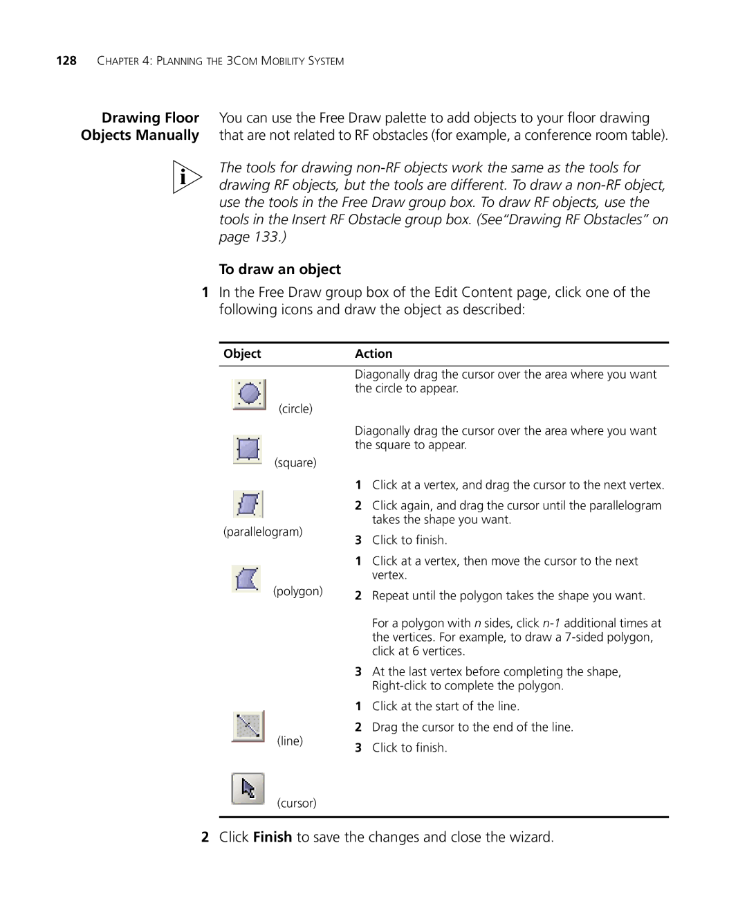 HP Manager Software manual To draw an object, Click Finish to save the changes and close the wizard, ObjectAction 