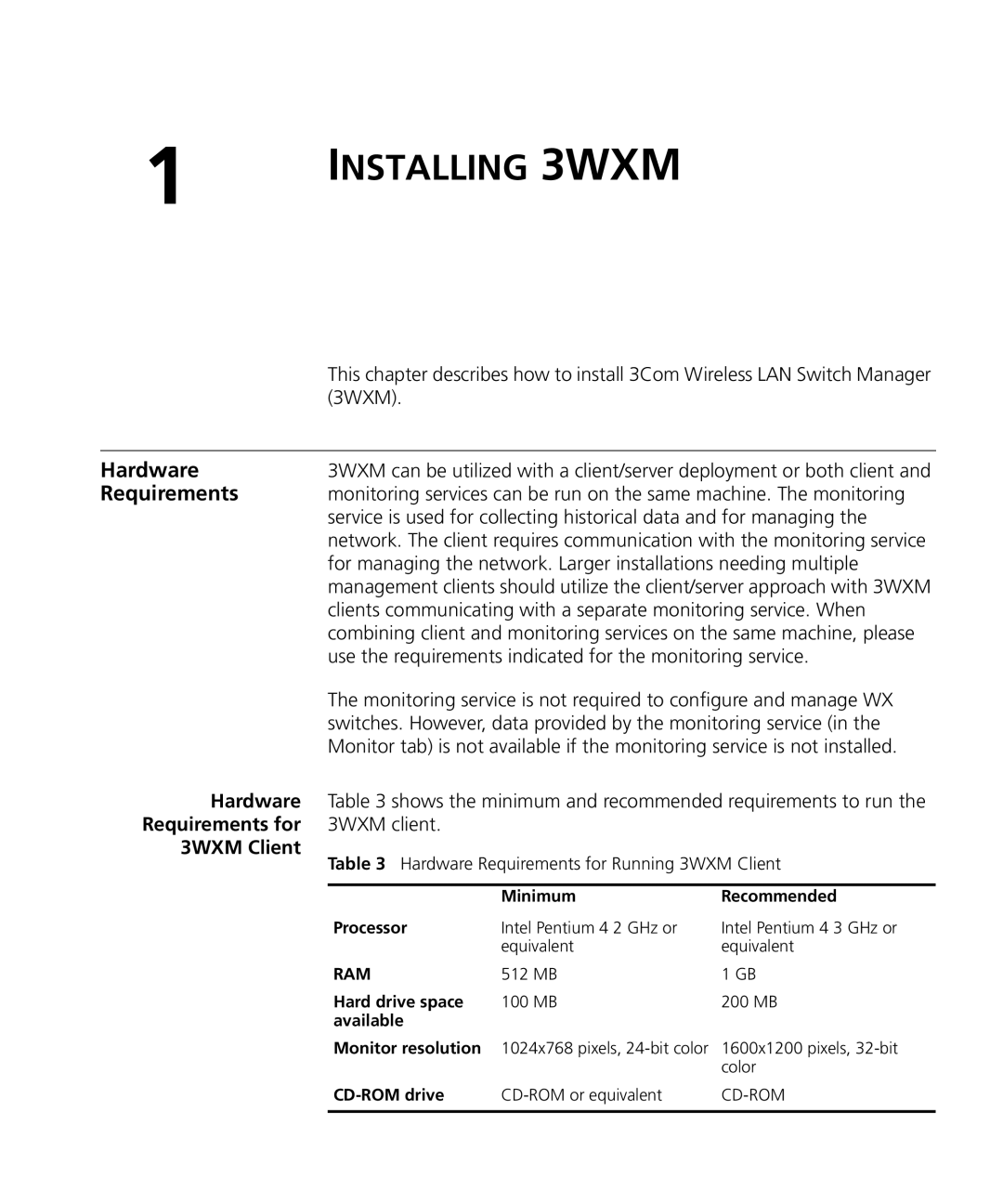 HP Manager Software manual Hardware, Requirements for, 3WXM Client 