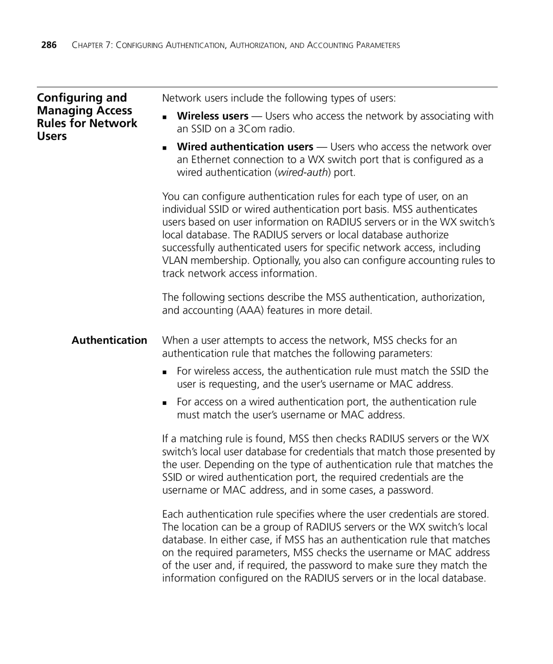 HP Manager Software manual Configuring and Managing Access Rules for Network Users, Authentication 