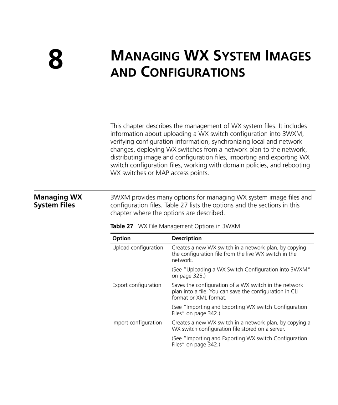 HP Manager Software Managing WX, System Files, Chapter where the options are described, WX File Management Options in 3WXM 