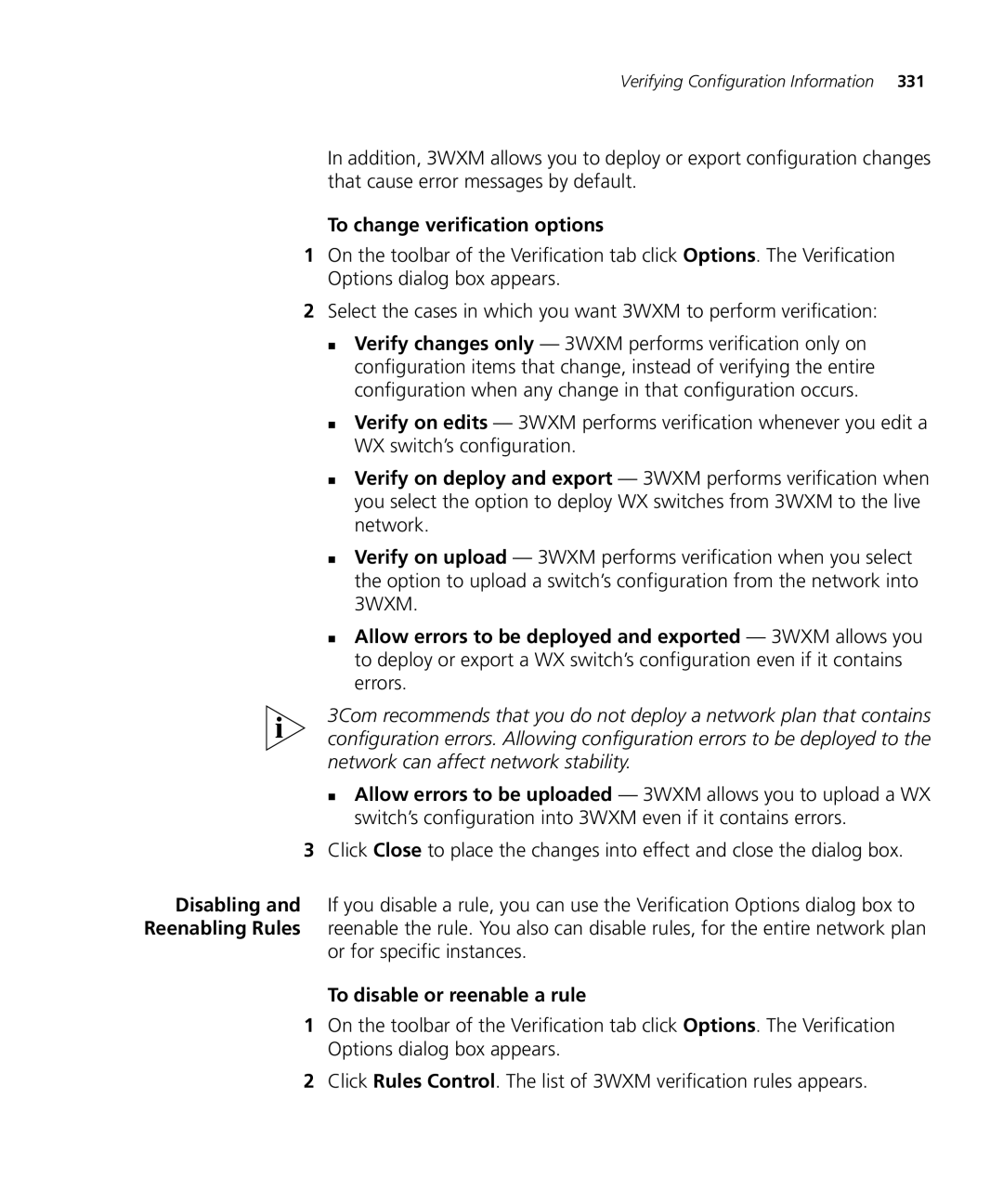 HP Manager Software manual To change verification options, Or for specific instances, To disable or reenable a rule 