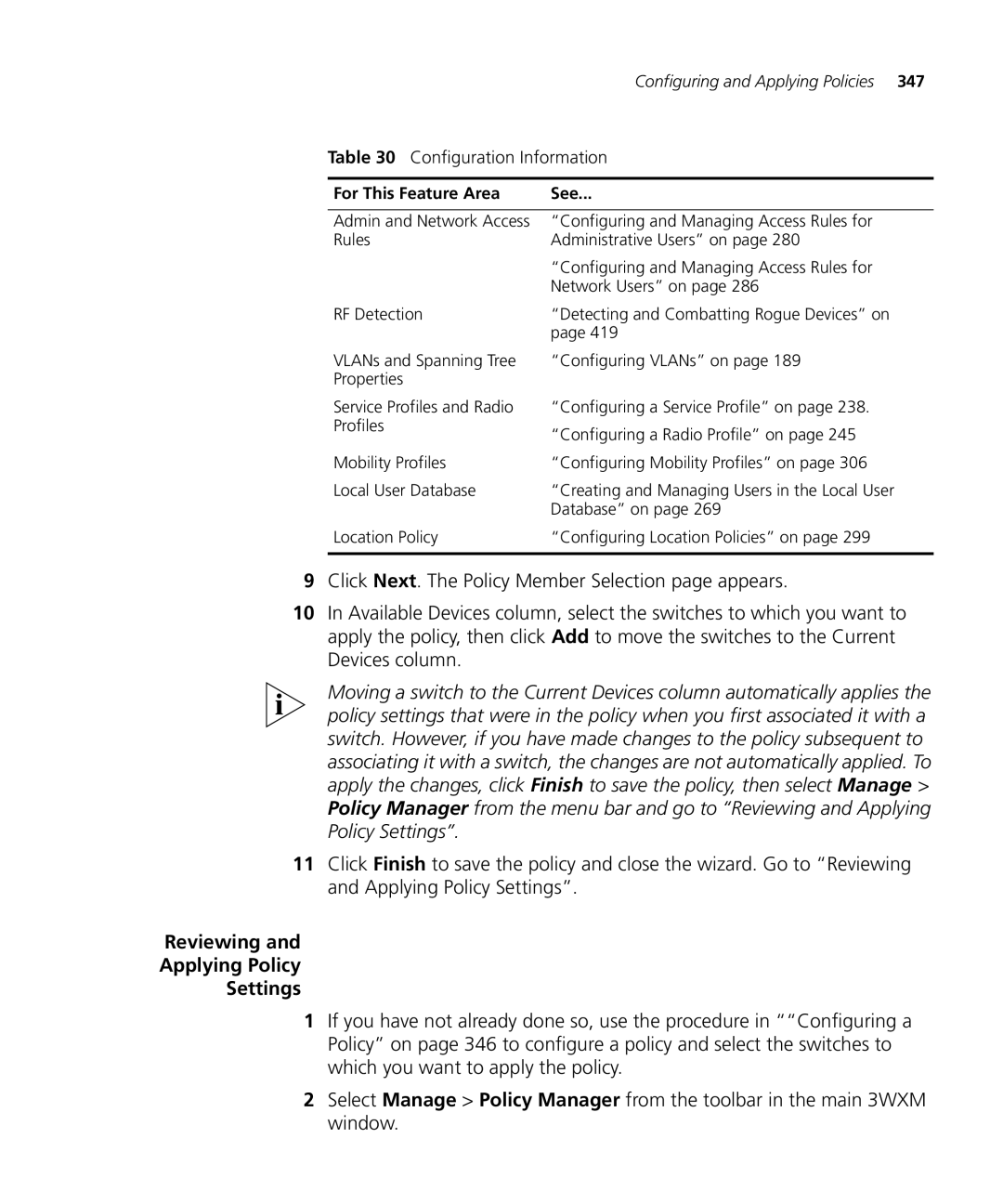 HP Manager Software manual Reviewing Applying Policy Settings, Configuration Information 