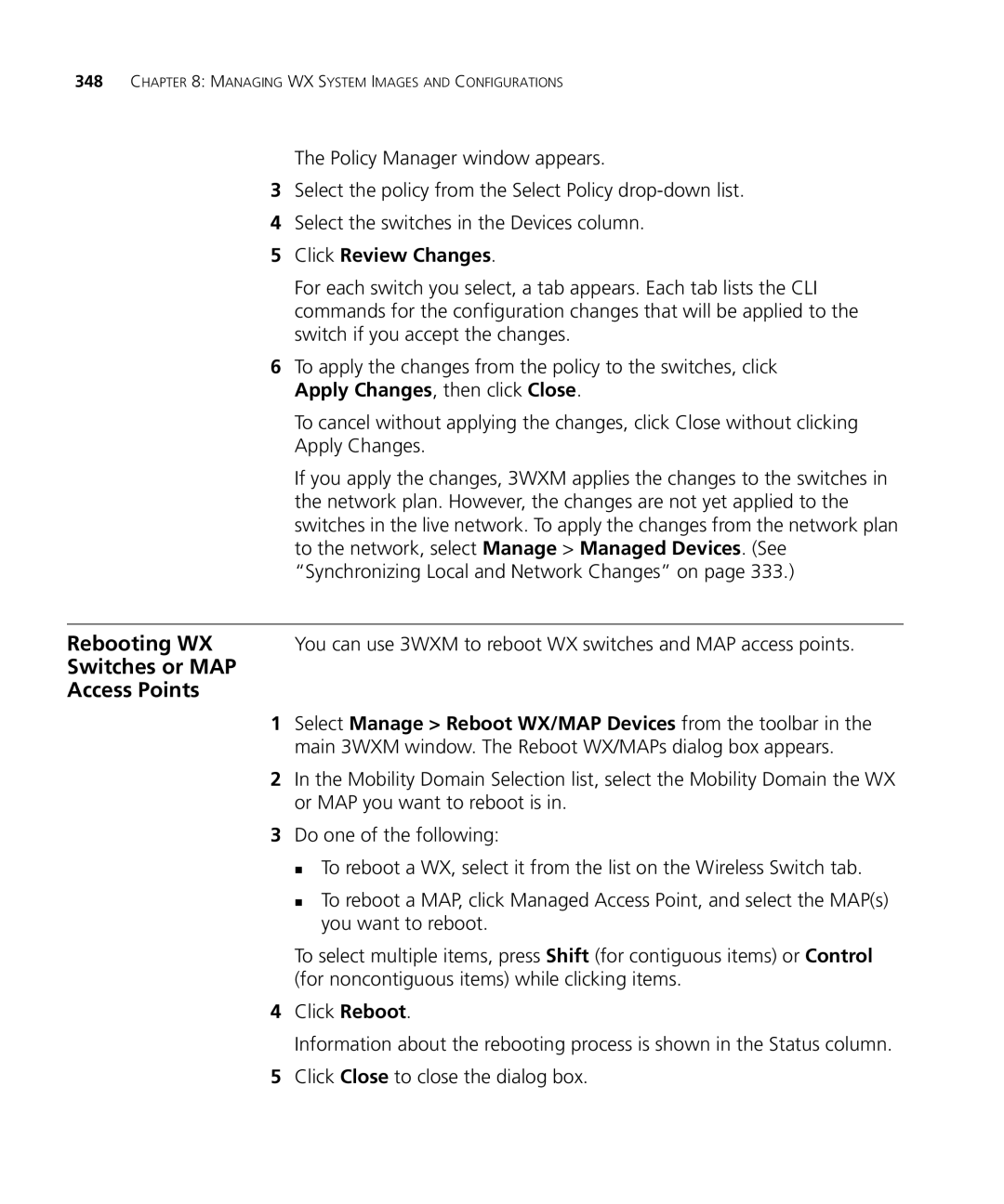HP Manager Software manual Rebooting WX, Switches or MAP Access Points, Click Review Changes 