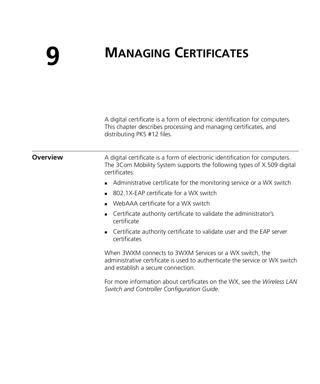 HP Manager Software manual Distributing PKS #12 files, Certificates, „ 802.1X-EAP certificate for a WX switch 