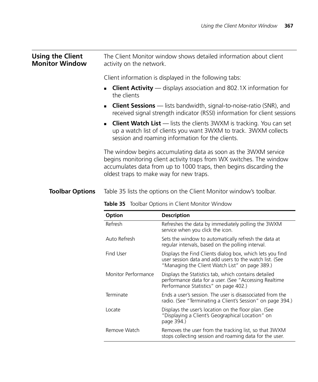 HP Manager Software manual Using the Client, Activity on the network, Toolbar Options in Client Monitor Window 