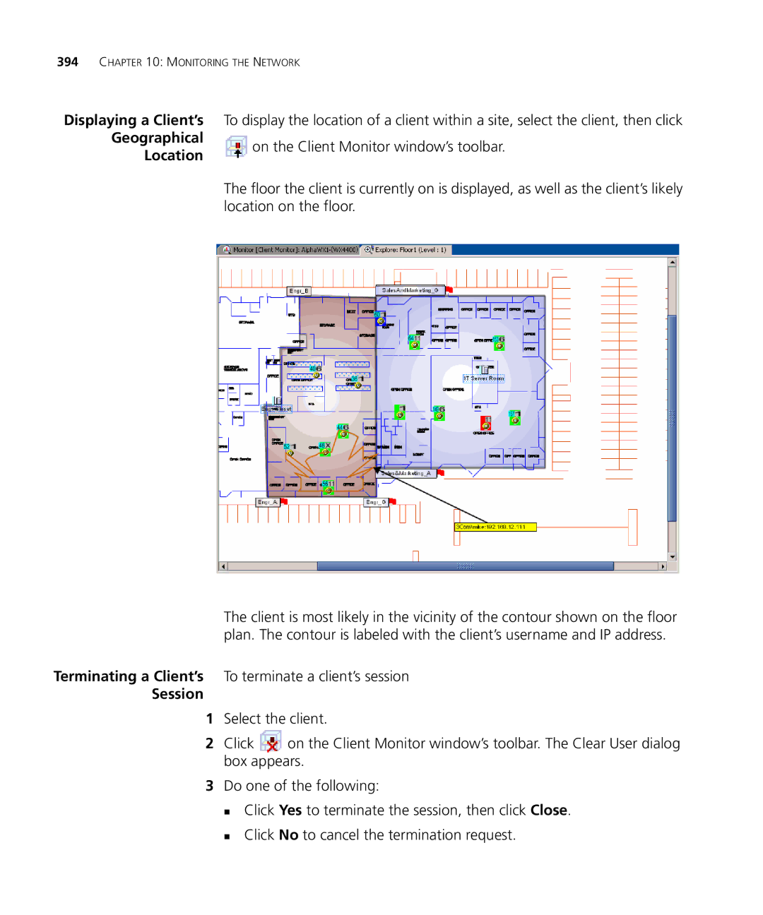 HP Manager Software Displaying a Client’s Geographical Location, Terminating a Client’s To terminate a client’s session 