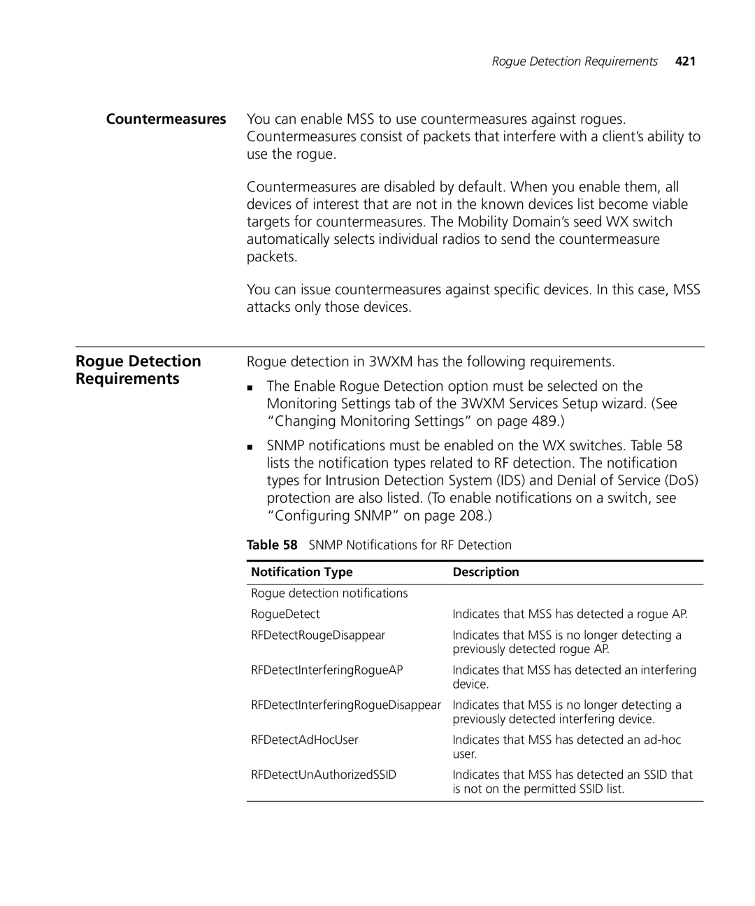 HP Manager Software manual Rogue Detection Requirements, Snmp Notifications for RF Detection, Notification Type Description 