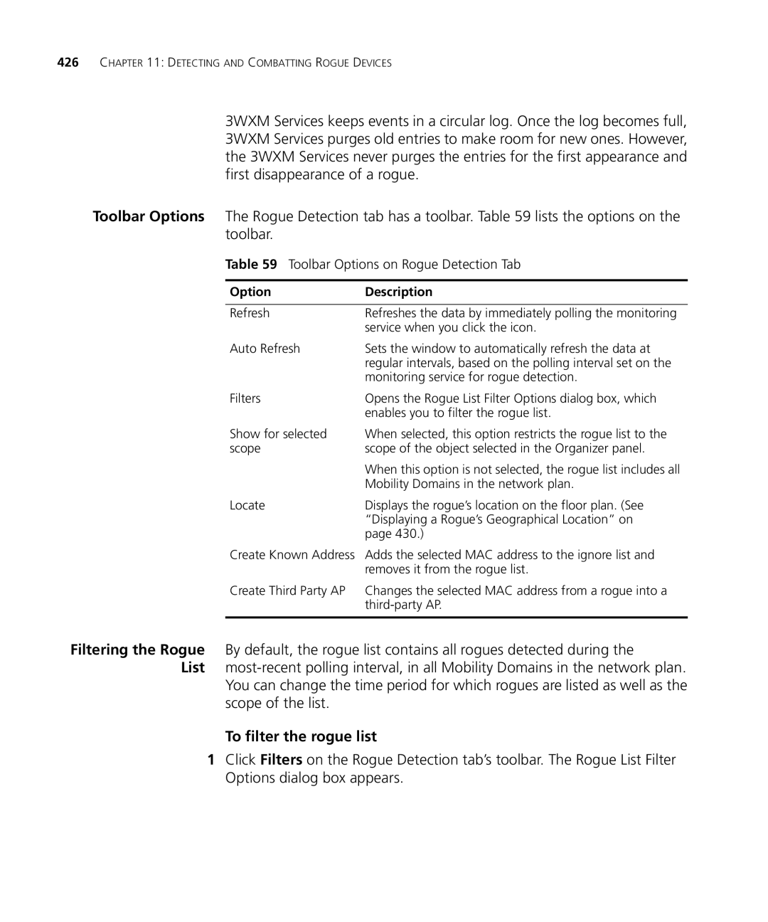 HP Manager Software manual To filter the rogue list, Toolbar Options on Rogue Detection Tab 