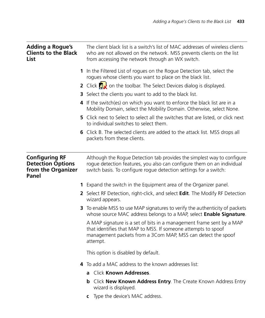 HP Manager Software Adding a Rogue’s, Clients to the Black, List, Configuring RF, Detection Options, From the Organizer 