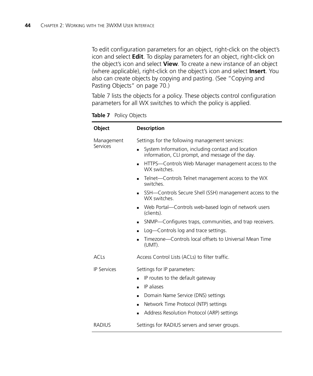 HP Manager Software manual Object, Settings for the following management services 