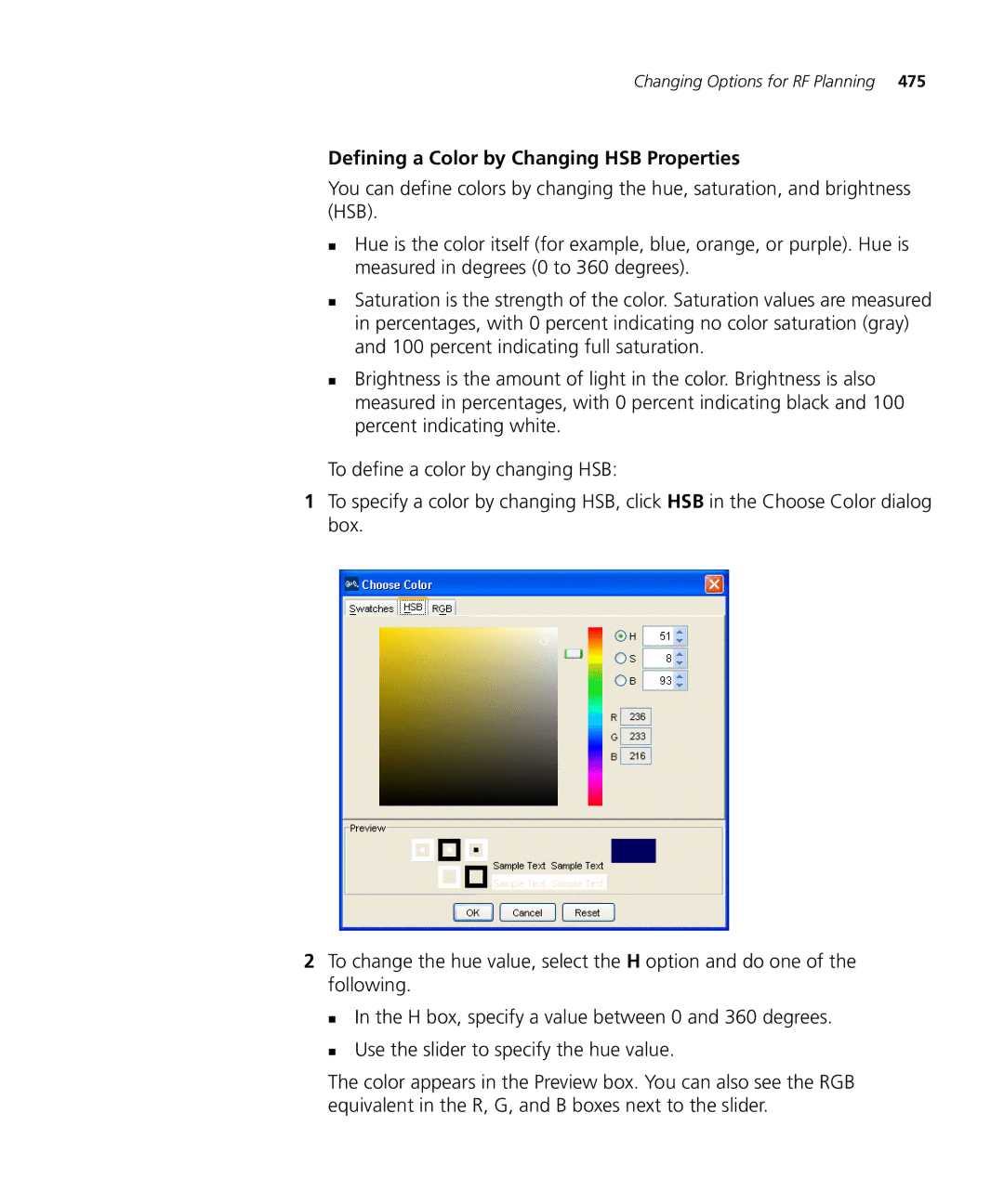 HP Manager Software manual Defining a Color by Changing HSB Properties 