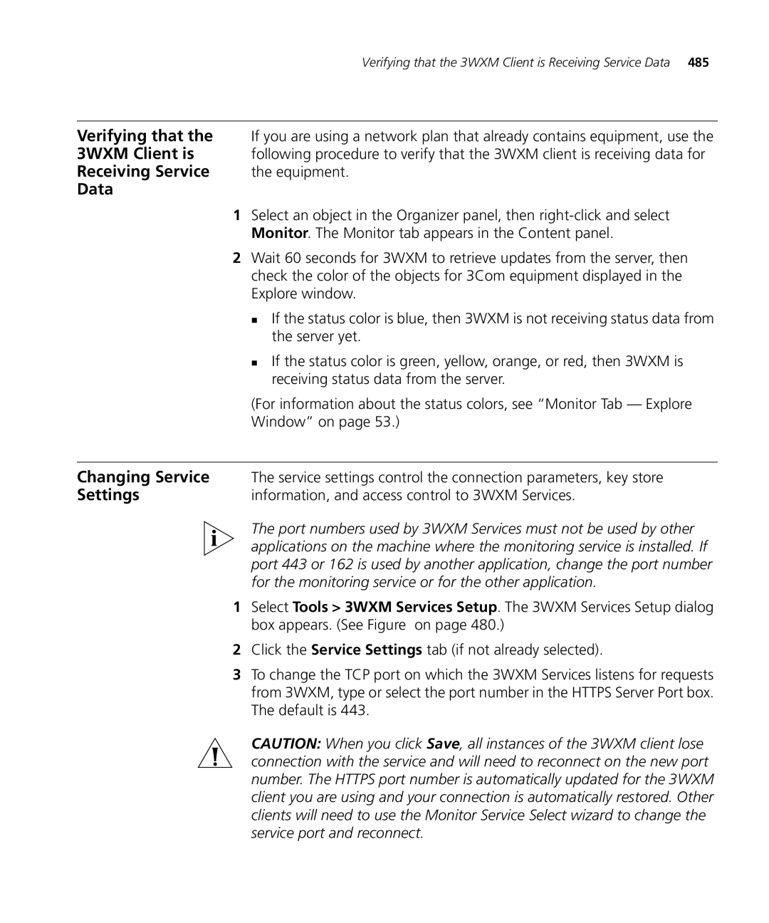 HP Manager Software manual Verifying that, 3WXM Client is, Receiving Service, Data, Changing Service, Settings 