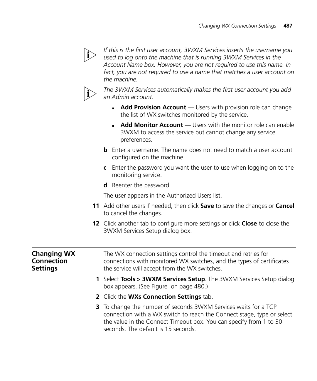 HP Manager Software manual Changing WX, Connection, WX connection settings control the timeout and retries for 